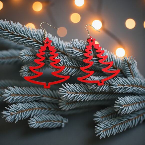 Christmas Tree Earrings Red Wood - Picture 4 of 6